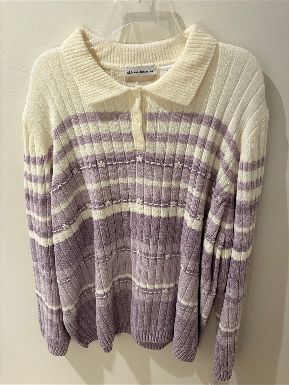 Alfred Dunner Cream and Lavender Striped Polo Knit Sweater